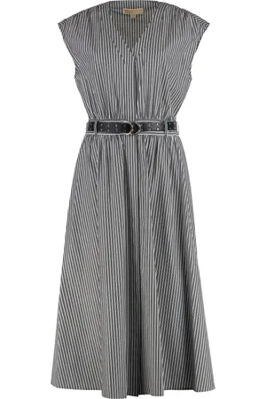 Michael Kors Femme, Robes, Noir, Taille: 38 FR Robe Crayon en Coton Rayé avec Ceinture