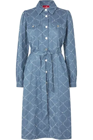 Crās Femme, Robes, Bleu, Taille: 36 FR Robe Chemise en Denim avec Diamants Brodés