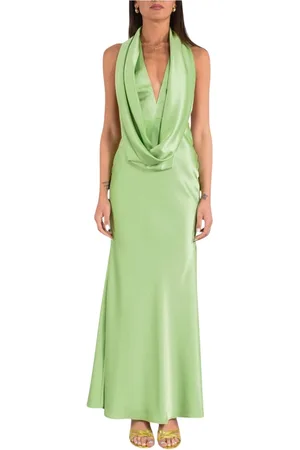 ACTUALEE Femme, Robes, Vert, Taille: 44 FR Robe Longue en Satin avec Col en V