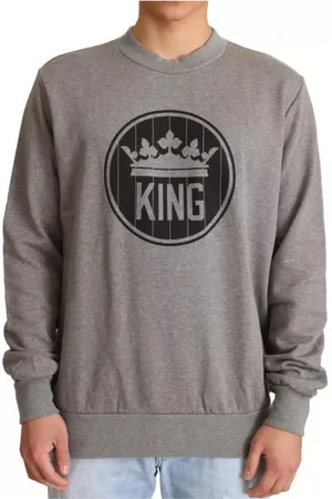 Dolce & Gabbana Homme, Sweatshirts et sweats à capuche, Gris, Taille: 4XL Pull en Coton Gris avec Couronne Roi