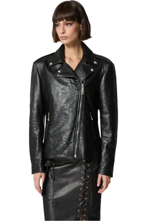 John Richmond Femme, Vestes, Noir, Taille: 38 FR Veste en cuir noir avec des détails imprimés
