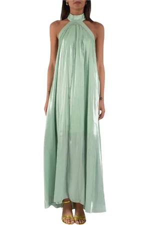 ACTUALEE Femme, Robes, Vert, Taille: 36 FR Robe Longue en Satin avec Col Américain