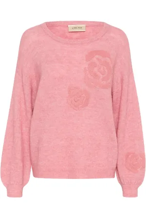 Cream Femme, Pulls, Rose, Taille: 38 FR Pull en Tricot Bleu avec Motifs Roses
