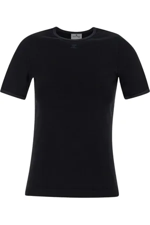 Courrèges Femme, Tops, Noir, Taille: 38 FR T-shirt Col Rond Logo Brodé Femme