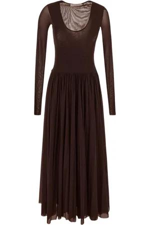 Serafini Femme, Robes, Brun, Taille: 38 FR Robe Élégante Col en V Manches Longues en Tulle