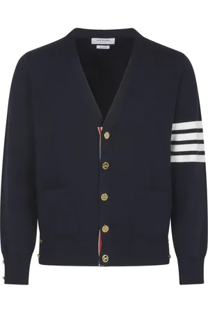 Thom Browne Homme, Pulls, Bleu, Taille: L Cardigan Bleu Col V Crêpe Coton