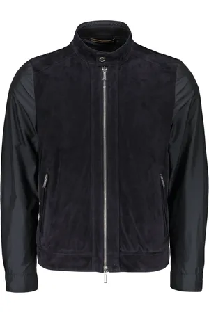 MOORER Homme, Vestes, Bleu, Taille: M Veste à fermeture éclair intégrale avec panneau en cuir