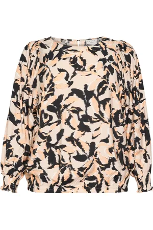 Kaffe Femme, Blouses et Chemises, Multicolore, Taille: 48 FR Chemisier avec Manches Bouffantes Beige/Noir/Pêche