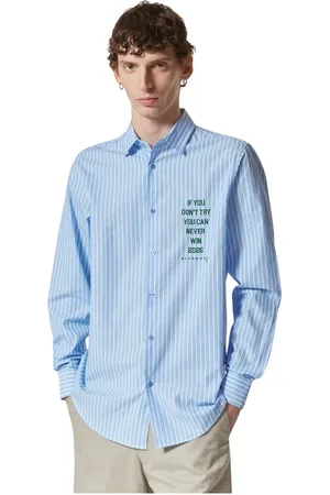 John Richmond Homme, Chemises, Bleu, Taille: S Chemise en coton à rayures bleues avec impression textuelle minimale