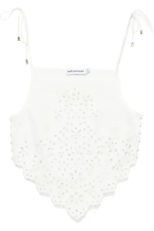 Self-Portrait Femme, Tops, Blanc, Taille: 36 FR Haut Cami Blanc Brodé Feuille