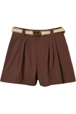 Twin-Set Femme, Shorts, Brun, Taille: 36 FR Shorts en Popeline Stretch Marron avec Ceinture Bicolore