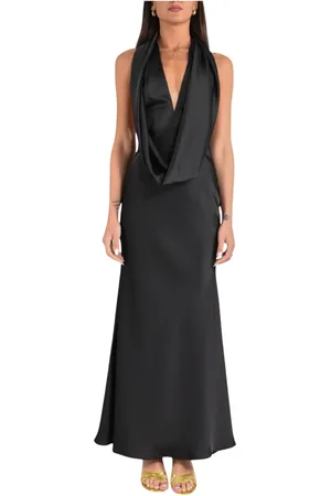 ACTUALEE Femme, Robes, Noir, Taille: 44 FR Robe longue en satin avec décolleté en V