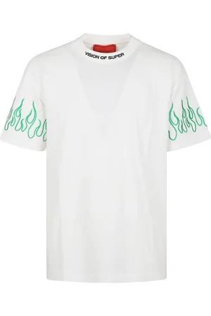 Vision Of Super Homme, Tops, Blanc, Taille: L T-shirt Vert Flammes Brodées