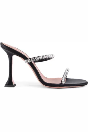 Amina Muaddi Femme, Chaussures, Noir, Taille: 38 EU Chausson en Satin Noir avec Cristal Talon Pyramide