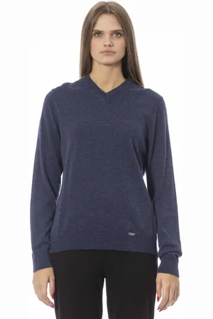 BALDININI Femme, Pulls, Bleu, Taille: 38 FR Pull à Col en V Manches Longues