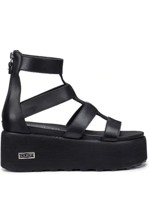 Cult Femme, Chaussures, Noir, Taille: 39 EU Sandales en cuir noir avec fermeture éclair