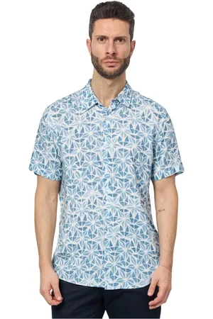 Guess Homme, Chemises, Bleu, Taille: S Chemise Bleue Géométrique Abstraite Manches Courtes