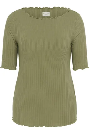 Kaffe Femme, Tops, Vert, Taille: 38 FR T-shirt Vert à Encolure Bateau avec Bords Bouclés