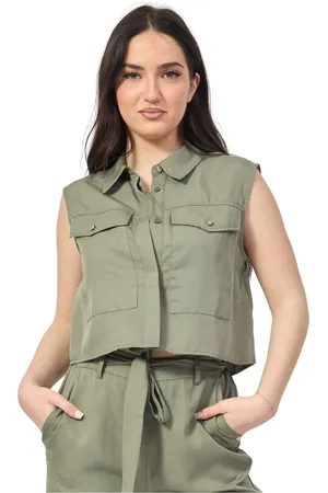 Gaudi Femme, Blouses et Chemises, Vert, Taille: 42 FR Chemisier vert sans manches avec col boutonné caché