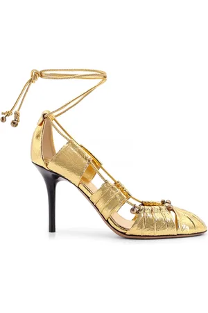 Chloé Femme, Chaussures, Jaune, Taille: 38 1/2 EU Sandales Talon Doré Découpes Cuir