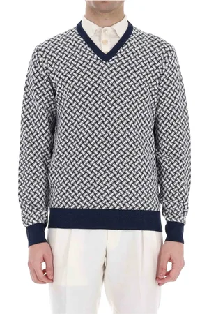 DRUMOHR Homme, Pulls, Multicolore, Taille: M Pull Col V Blanc Mélange Coton-Lin