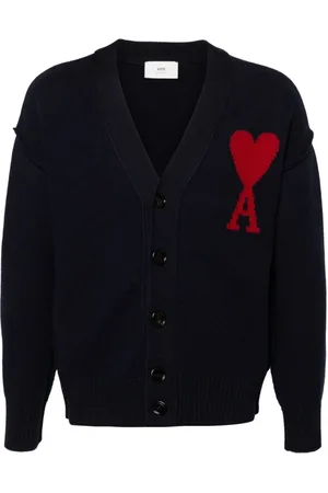 Ami Homme, Pulls, Bleu, Taille: L Pull bleu col en V avec motif Ami de Coeur