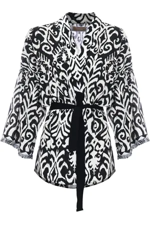 Kocca Femme, Blouses et Chemises, Multicolore, Taille: 38 FR Veste Kimono à Motifs avec Manchettes à Franges