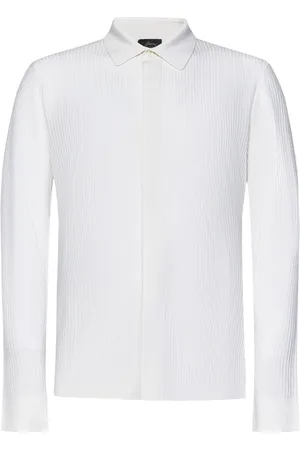 BRIONI Homme, Tops, Blanc, Taille: M Chemise Blanche en Cachemire et Soie à Rayures Jacquard