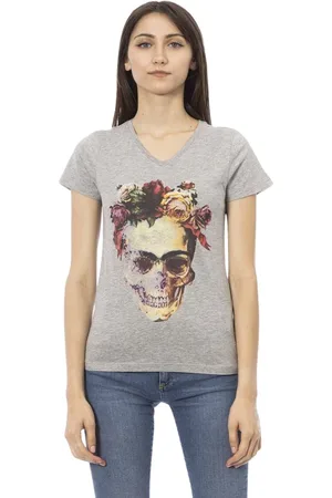 Trussardi Femme, Tops, Gris, Taille: 36 FR T-shirt en Coton Gris avec Col en V et Impression Frontale