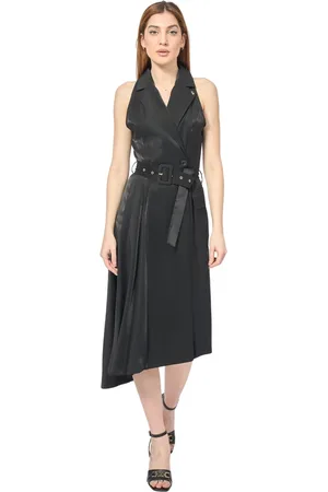 YES ZEE BY ESSENZA Femme, Robes, Noir, Taille: 40 FR Robe Noire Asymétrique avec Ceinture et Poche Latérale