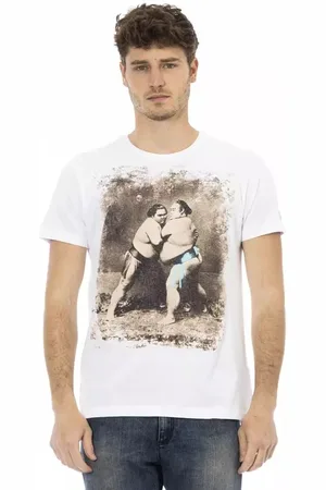 Trussardi Homme, Tops, Multicolore, Taille: XL Tee-shirt en Mélange de Coton Blanc avec Impression Artistique