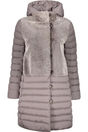 MOORER Femme, Manteaux, Gris, Taille: 36 FR Doudoune à capuche avec fausse fourrure