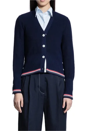 Thom Browne Femme, Pulls, Bleu, Taille: 40 FR Cardigan à Col V Texturé avec Bordure Rayée