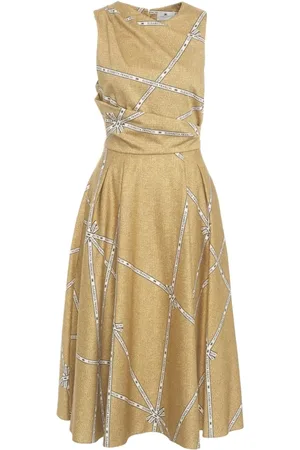 Elisabetta Franchi Femme, Robes, Jaune, Taille: 42 FR Robe Midi Dorée Drapée avec Imprimé