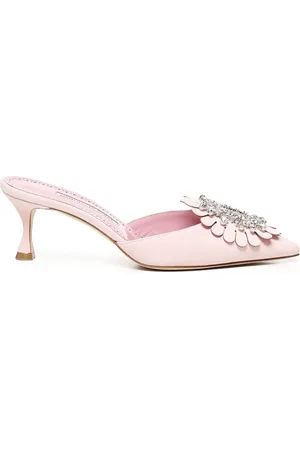 Manolo Blahnik Femme, Chaussures, Rose, Taille: 38 1/2 EU Talons Roses en Cuir avec Boucle de Bijou