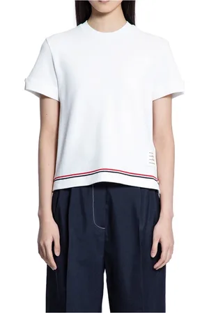 Thom Browne Femme, Tops, Blanc, Taille: 38 FR T-shirt à rayures avec encolure en coton