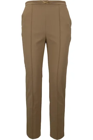 Elisabetta Franchi Femme, Pantalons, Brun, Taille: 36 FR Logo Doré Fermeture Éclair Crochet Pantalon Femme