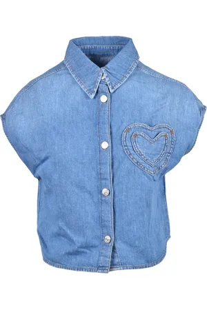 Moschino Femme, Blouses et Chemises, Bleu, Taille: 38 FR Chemise en Coton à Manches Courtes