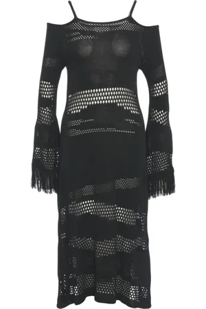 AKEP Femme, Robes, Noir, Taille: 38 FR Robe Midi en Tricot à Franges avec Découpes