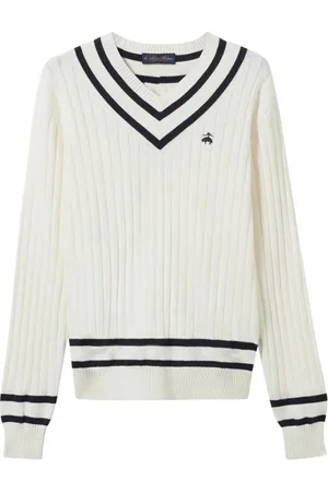Brooks Brothers Homme, Pulls, , Taille: XL Pull en coton à col en V avec logo brodé
