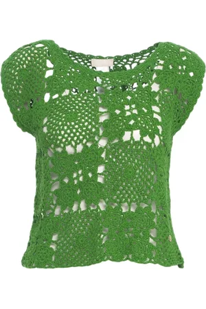 Liu Jo Femme, Blouses et Chemises, Vert, Taille: 38 FR Pull Vert Haut Crochet Sans Manches