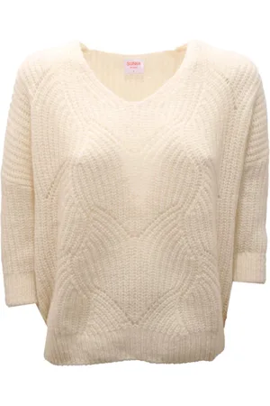 sun68 Femme, Pulls, Blanc, Taille: 38 FR Pull col V en porcelaine