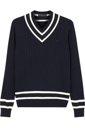 Brooks Brothers Homme, Pulls, Bleu, Taille: XL Pull en coton à col en V avec logo brodé