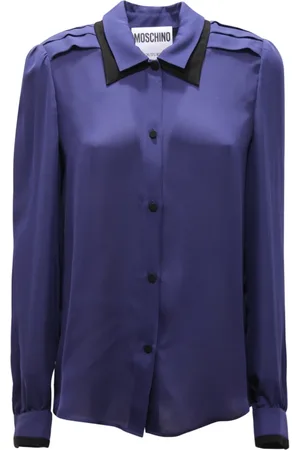 Moschino Femme, Blouses et Chemises, Bleu, Taille: 38 FR Chemise Couture en Soie Bleue avec Col Noir