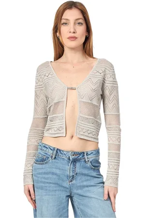 Guess Femme, Pulls, Gris, Taille: 38 FR Cardigan Argent avec Maille Texturée