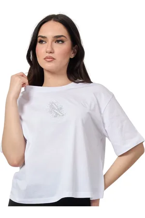 Armani Exchange Femme, Tops, Blanc, Taille: 38 FR T-shirt blanc avec logo en strass