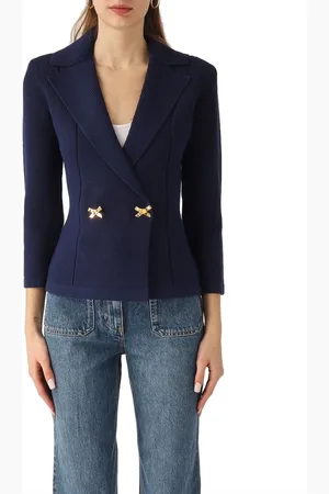 Elisabetta Franchi Femme, Vestes, Bleu, Taille: 36 FR Blazer en Tricot Bleu avec Détails de Bijoux