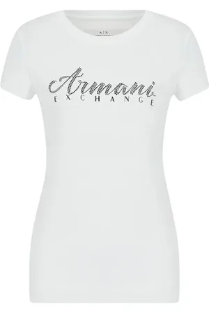 Armani Exchange Femme, Tops, Blanc, Taille: 38 FR T-shirt Blanc avec Col Rond et Détail en Strass