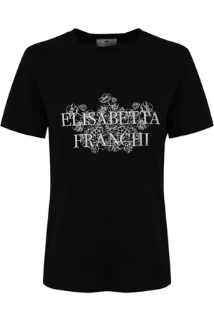 Elisabetta Franchi Femme, Tops, Noir, Taille: 38 FR T-shirt Noir à Imprimé Botanique