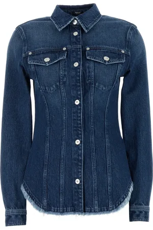 VERSACE Femme, Blouses et Chemises, Bleu, Taille: 38 FR Chemise en Denim Bleu Lavé avec Bord Effiloché